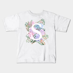 botanical monogram alphabet S hydrangea flowers Kids T-Shirt